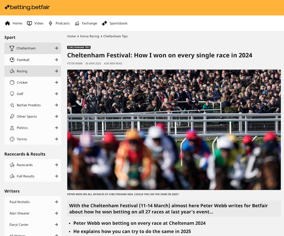 Betfair article - Winning on every race at Cheltenham